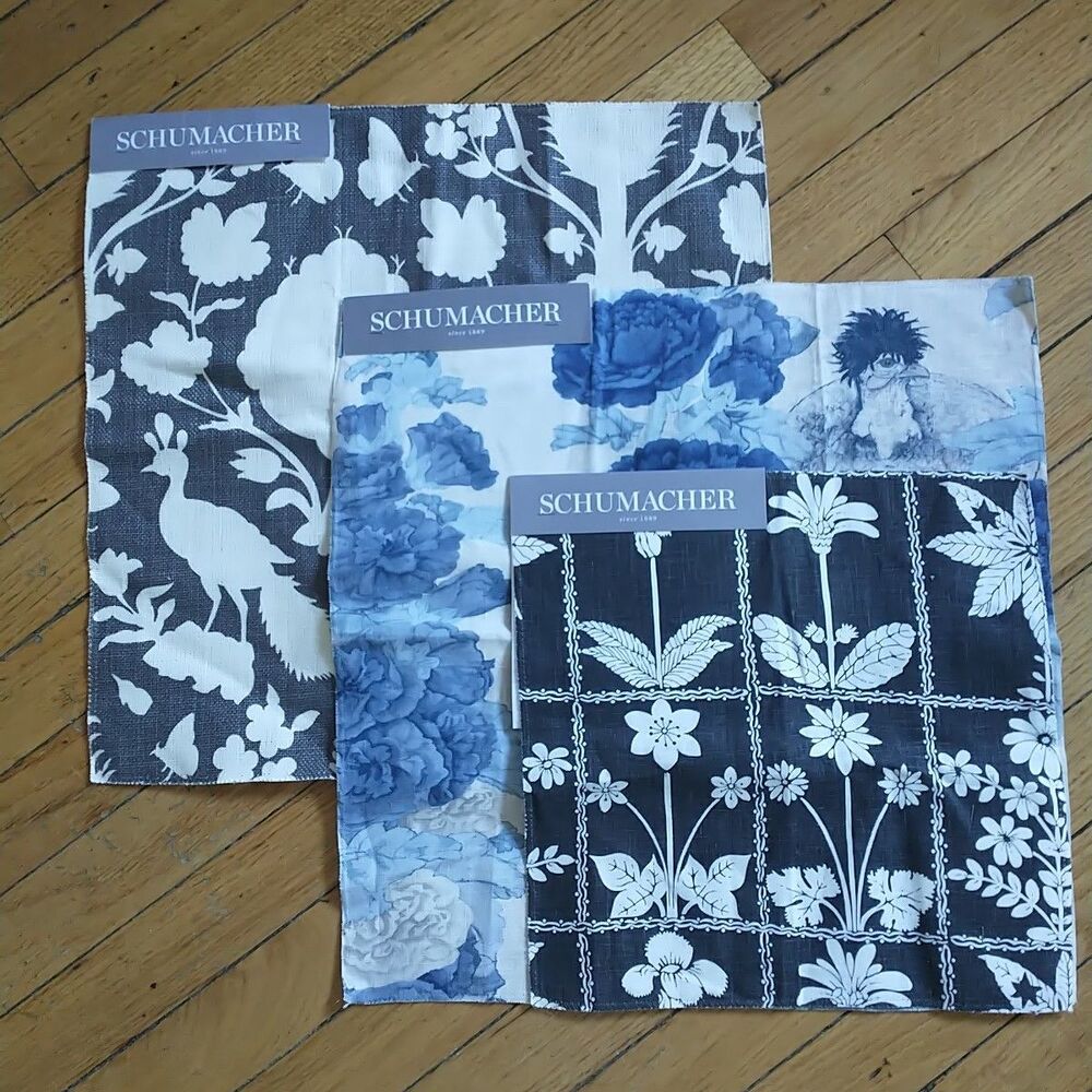 New SCHUMACHER Fabric Samples 100% Li Nonen Floral Bird Square Lot Of 3